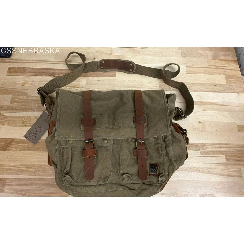 S.C. Cotton Olive Green Vintage 1038 Canvas Leather Messenger Bag Large NWT
